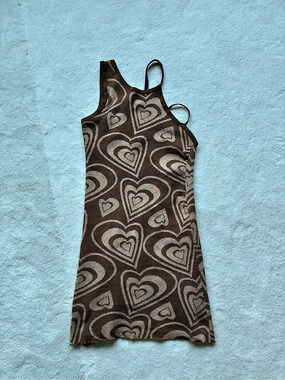 Heart Print Mini Dress in Brown & Gray Like New